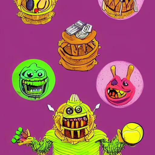 Image similar to a tennis ball monsters eating waffles, colorful, digital art, fantasy, magic, chalk, trending on artstation, ultra detailed, professional illustration by basil gogos