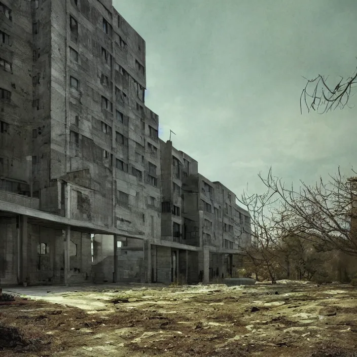 Image similar to a building in a serene landscape, post - apocalyptic fiction