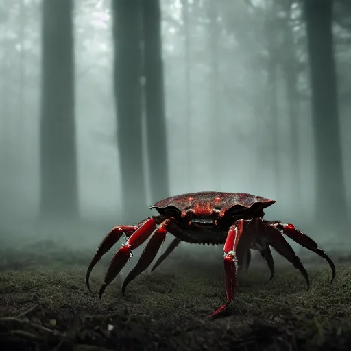 Image similar to eldritch crab being emerging from the ground in a hauntend forest, foggy mysterious, creepy, cinematic, dramatic, 8k, horror, highly detailed, sharp focus, dynamic lighting, photograph, texture