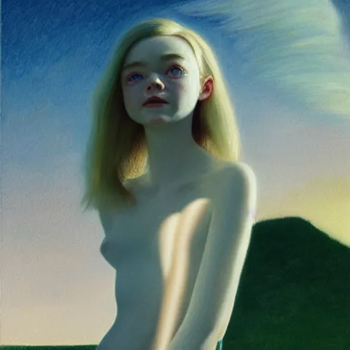 Prompt: Painting of Elle Fanning being abducted by aliens, long blonde hair, delicate, pale milky white porcelain skin, by Edward Hopper. 8K. Extremely detailed.
