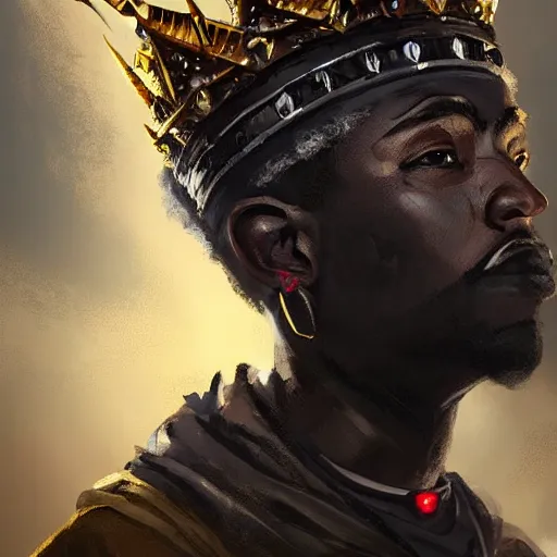 Prompt: a dark and ominous african moor with black eyes and a golden crown with a ruby, Apex Legends character digital illustration portrait design, by android jones and greg rutkowski, detailed, cinematic lighting, wide angle action dynamic portrait