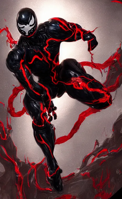 Image similar to venom in a venom inspired ironman suit, black and red, dynamic lighting, photorealistic fantasy concept art, trending on art station, stunning visuals, terrifying, creative, cinematic