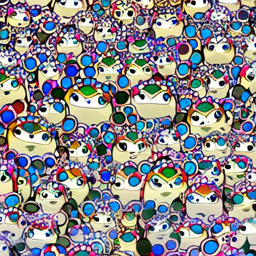 Image similar to illustration still of trippy furry chubby chibi penguins dancing by takashi murakami