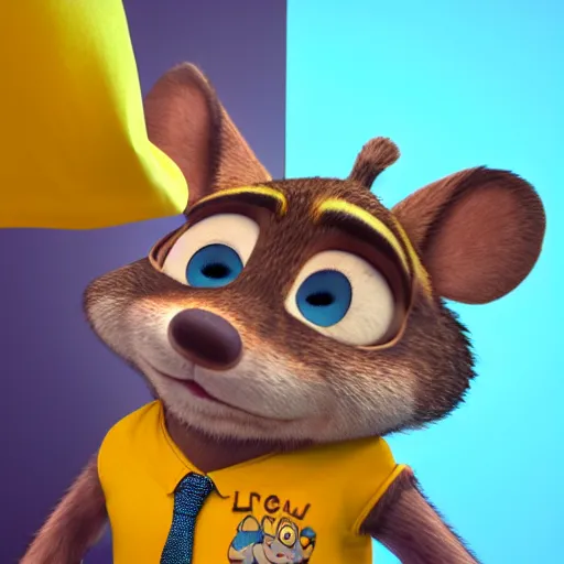Image similar to 3 d render, portrait, headshot, closeup, anthropomorphic mouse, female, wearing denim short shorts and a off yellow tank top shirt, in the style of zootopia