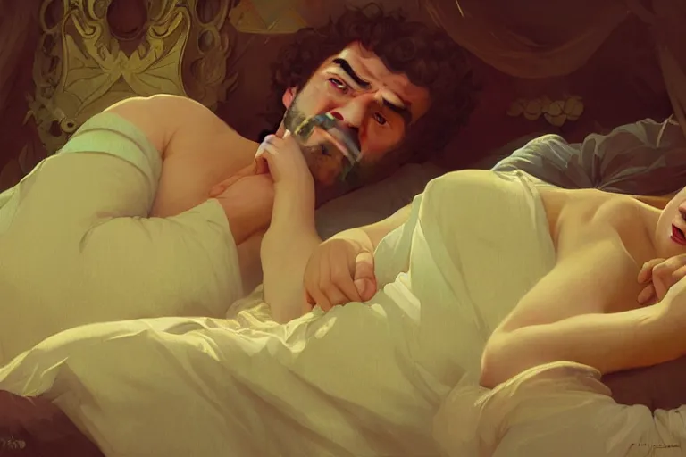 Image similar to russian poet alexander pushkin and shrek lying in bed together, portrait, highly detailed, digital painting, artstation, concept art, smooth, sharp focus, illustration, cinematic lighting, art by artgerm and greg rutkowski and alphonse mucha