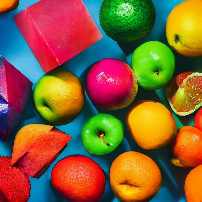 Prompt: studio photo of various cube fruit, bright studio lighting, vibrant colors, clear professional photography
