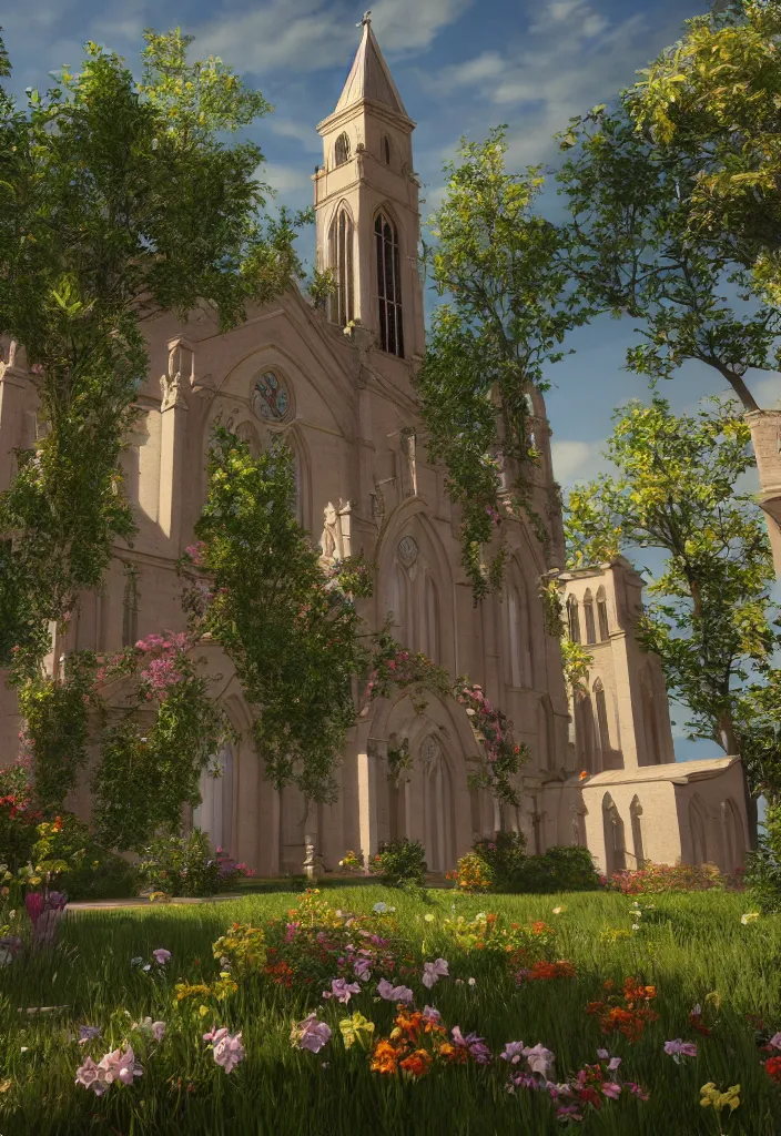 Image similar to a church filled with lots of plants and flowers, a flemish baroque by thomas cole, unsplash, baroque, sanctuary, rendered in unreal engine, unreal engine