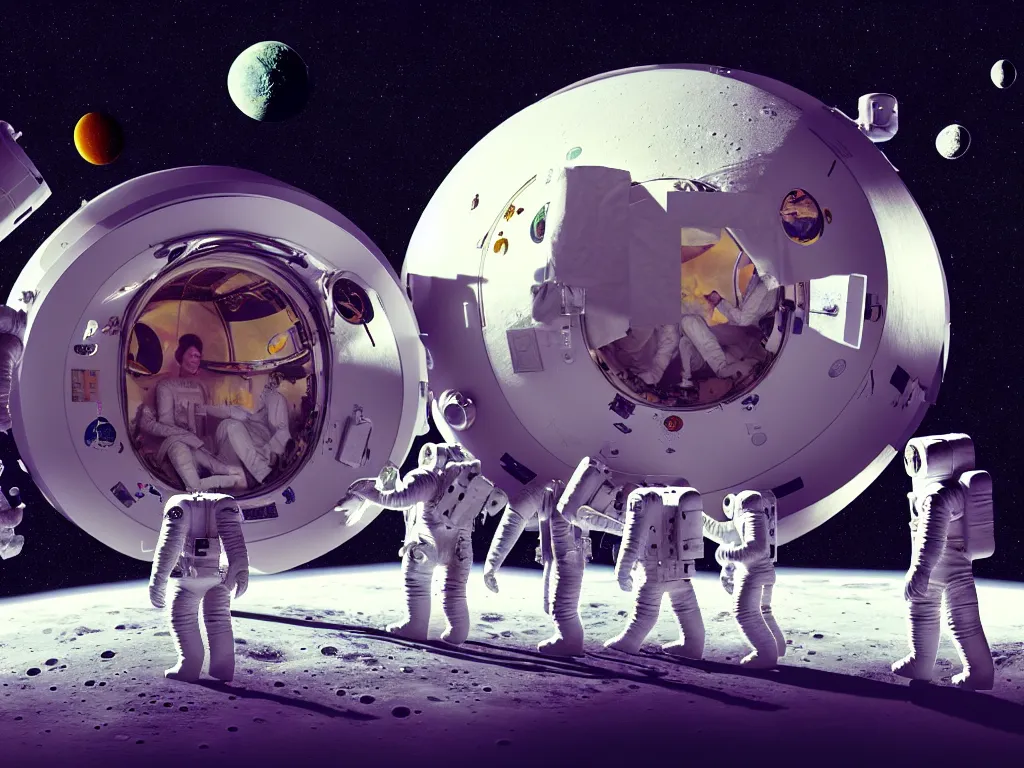 Image similar to a team of therapists calmly attend to an astronaut in a psychedelic therapy session, inside a midcentury modern architecture lunar module, on the surface of the moon, concept art, science fiction industrial hard science concept art, 8 k render octane high definition