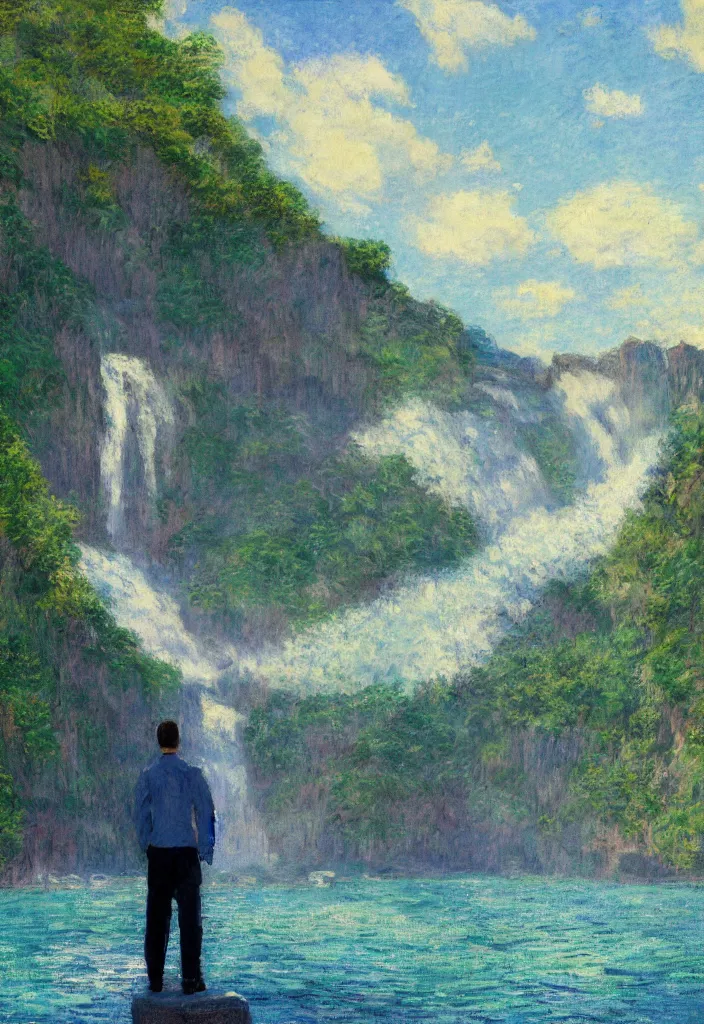 Image similar to tiny businessman in front of a japanese city in the mountain surrounded by waterfall. cyberpunk, boats flying. beautiful blue sky. gorgeous epic nature, lofi, vivid colors, amazing light, by jeremy lipkin, by claude monet, heavily inspired by makoto shinkai, inspired by ghibli, masterpiece, multiple brush strokes, impressionist style