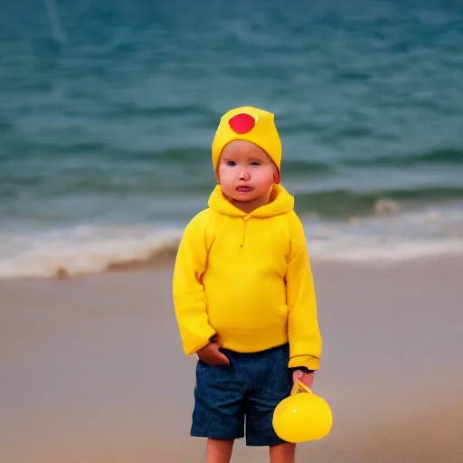 Prompt: a little boy on the beach, yellow floaties, XF IQ4, f/1.4, ISO 200, 1/160s, 8K, RAW, unedited, symmetrical balance, in-frame