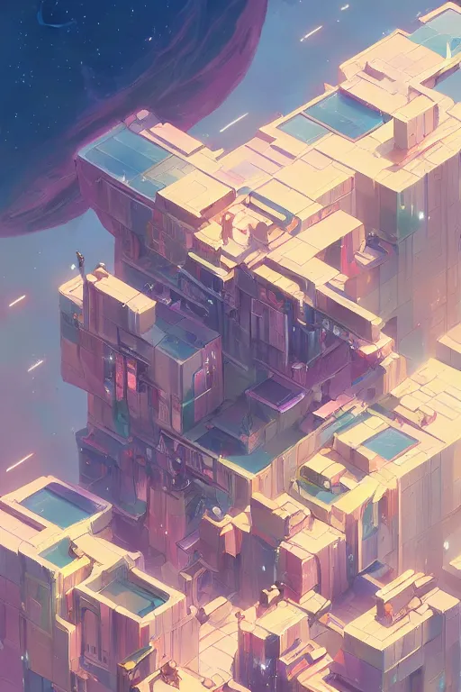 Prompt: Isometric cosmic building, by Jesper Ejsing, RHADS, Makoto Shinkai and Lois van baarle, ilya kuvshinov, rossdraws global illumination