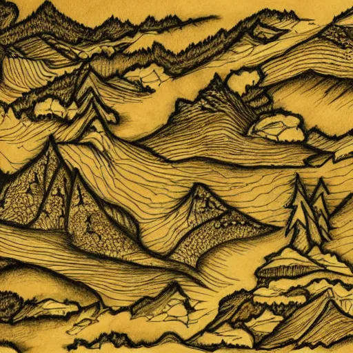 Prompt: mountains an trees in fantasy map style, high detailed drawing, drawing on wihte paper