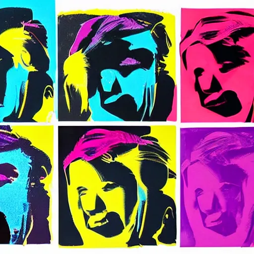 Image similar to silkscreen and lithography to create colorful cyborgs in the style of andy warhol