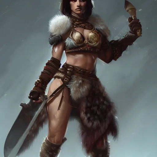 Image similar to female barbarian warrior in furs, art by artgerm and greg rutkowski and magali villeneuve, d & d, fantasy, portrait, highly detailed, headshot, digital painting, trending on artstation, concept art, sharp focus, illustration