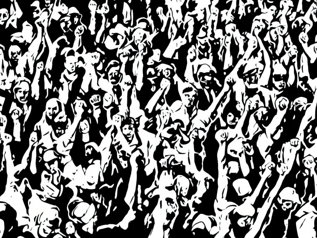 Image similar to black and white, high contrast, pop art of a group of workers raising their fists