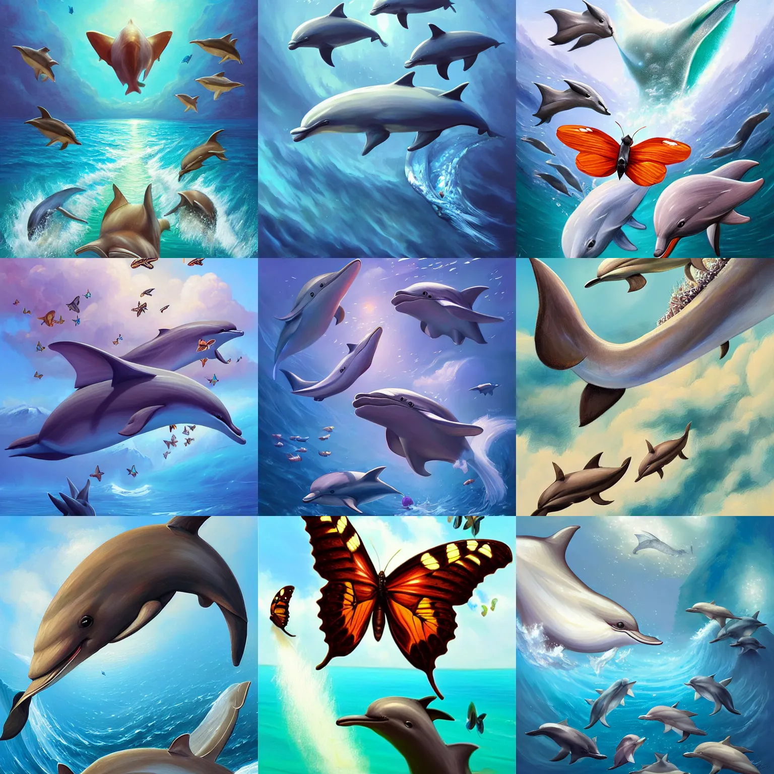 Prompt: a butterfly flying over a pod of dolphins, artstation, by nick silva and RHADS, intricate, elegant, highly detailed, digital painting, smooth, sharp focus
