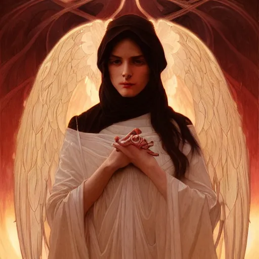 Image similar to portrait of the angel of death, intricate, elegant, highly detailed, digital painting, artstation, concept art, smooth, sharp focus, illustration, art by artgerm and greg rutkowski and alphonse mucha and william - adolphe bouguereau