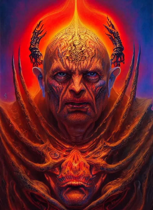 Prompt: masterpiece painting of evil priest portrait by elena kukanova, jeff easley, james jean and zdizslaw beksinski, 8 k, epic, majestic, intricate artwork, volumetric lighting, psychedelic, dramatic vivid and vibrant colors, biomechanical, tribal, in the style of midjourney, trending on artstation, behance