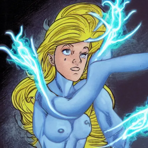 Prompt: sylph race magic user nonbinary holding a staff of healing light blue skin tone highly detailed comic book style brian bolland