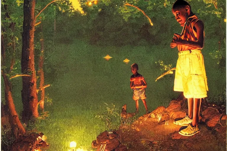 Prompt: a scenic view of a black boy in the middle of a magical forest with glow-worm lights near a lake, detailed, cinematic, dramatic scene, retro illustration by Norman Rockwell.