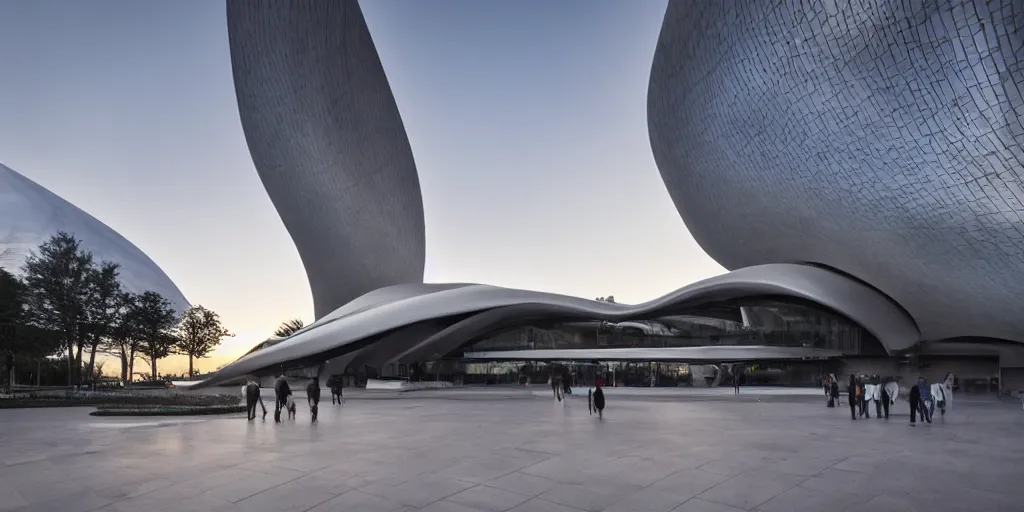 Image similar to extremely elegant smooth detailed stunning sophisticated beautiful elegant futuristic museum exterior by Zaha Hadid, Milan buildings in the background, smooth curvilinear design, stunning volumetric light, stainless steal, concrete, translucent material, beautiful sunset, tail lights