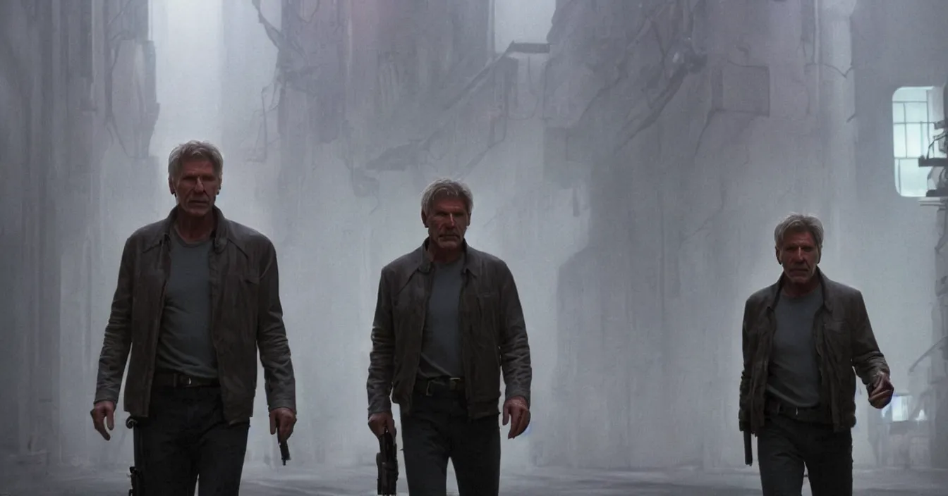 Prompt: Harrison Ford as Rick Deckard walking down alleyway, atmospheric lighting, dutch tilt, foggy, cinematic 4k