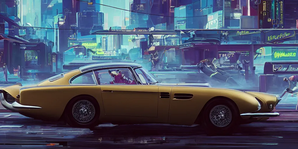Prompt: art style by Ben Aronson and Edward Hopper and Syd Mead, wide shot view of the Cyberpunk 2077, on ground level. full view of the Aston Martin DB4 1958 with wide body kit modification and dark pearlescent holographic paint, has gullwing doors open.