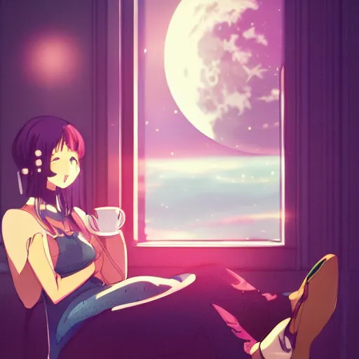 Prompt: a beautiful anime woman enjoying a cup of tea while sitting on a reclining chair in her room and looking at the moon from her window, anime, concept art, trending on artstation 3D.