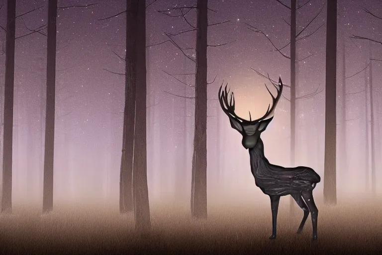 Image similar to a glowing bioluminescent stag illuminates a creepy dark forest, night