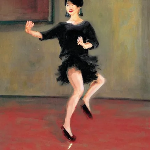 Image similar to a beautiful Asian woman dancing the Charleston on the living room carpet with joy, fair skin, red lips, black hair, oil painting, by Sherree Valentine Daines, 8k