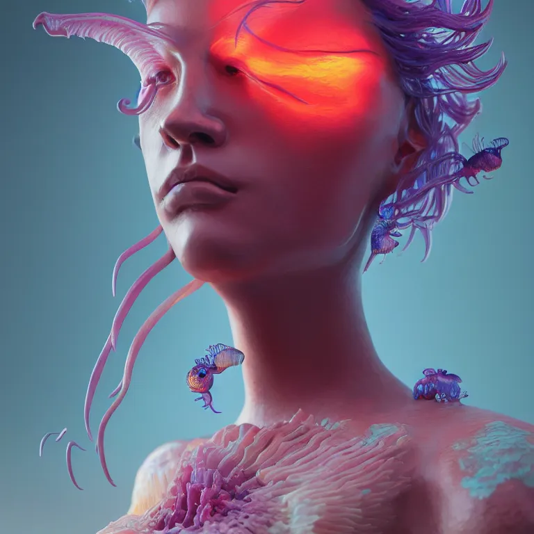 Image similar to goddess full painted acryllic sculpture close-up portrait. orchid bird phoenix jellyfish betta fish, intricate artwork by Tooth Wu and wlop and beeple. octane render, trending on artstation, greg rutkowski very coherent symmetrical artwork. cinematic, hyper realism, high detail, octane render, 8k