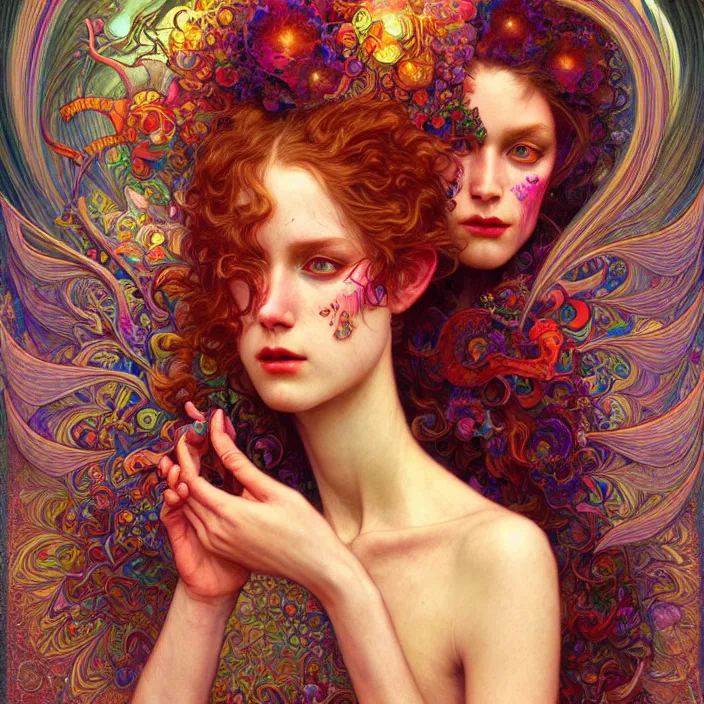 Image similar to extremely psychedelic warped LSD insanity, diffuse lighting, fantasy, intricate, elegant, highly detailed, lifelike, photorealistic, digital painting, artstation, illustration, concept art, smooth, sharp focus, art by John Collier and Albert Aublet and Krenz Cushart and Artem Demura and Alphonse Mucha