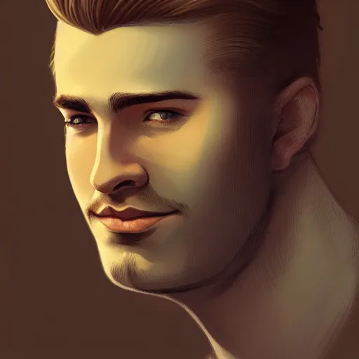 Image similar to tall slightly fat man in his twenties with brown blond short quiff hair and round facial structure with cleft chin, straight eyebrows, slightly smiling, cheekbones, wider face, shadow of beard, atmospheric lighting, painted, intricate, 4 k, highly detailed by charlie bowater