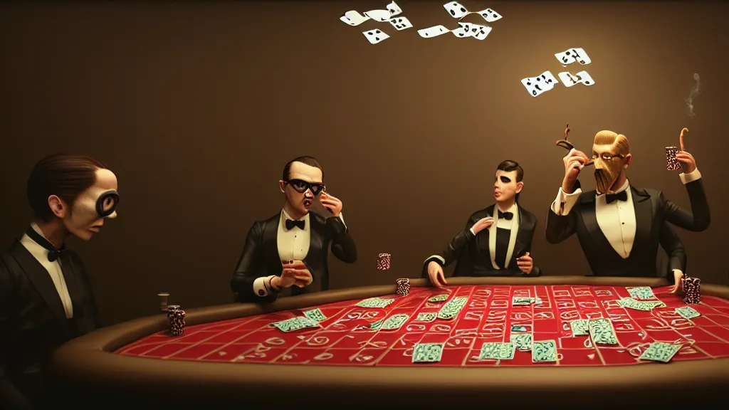 Image similar to hyperrealism simulation highly detailed human octopuses'wearing detailed tuxedos and smoking, playing poker in surreal scene from cyberpunk movie from future by wes anderson and denis villeneuve and mike winkelmann rendered in blender and octane render