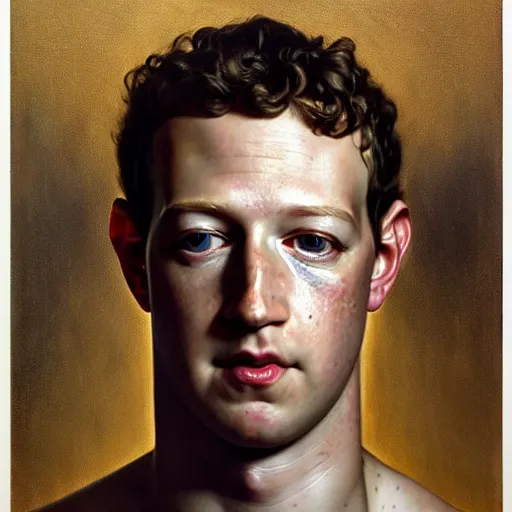 Prompt: highly detailed oil painting | very intricate | cinematic lighting | award - winning | portrait of cyborg mark zuckerberg | by roberto ferri, by tom bagshaw, by j. c. leyendecker and klimt, american romanticism, by austin osman spare, artstation, cgsociety, official art, octane