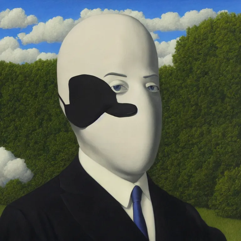 Image similar to portrait of a faceless masked - head man in a suit and black gloves, clouds and nature landscape in the background, by rene magritte, detailed painting, distance, centered, hd, hq, high resolution, high detail, 4 k, 8 k