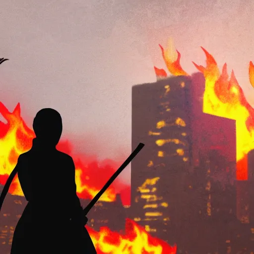 Prompt: A silhouette of a girl with a katana against the backdrop of a burning city, dramatic composition, trending on Artstation, 8K