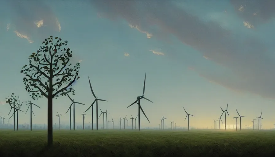 Image similar to big field of wind mills, early morning sun in the sky, one tree, simon stalenhag