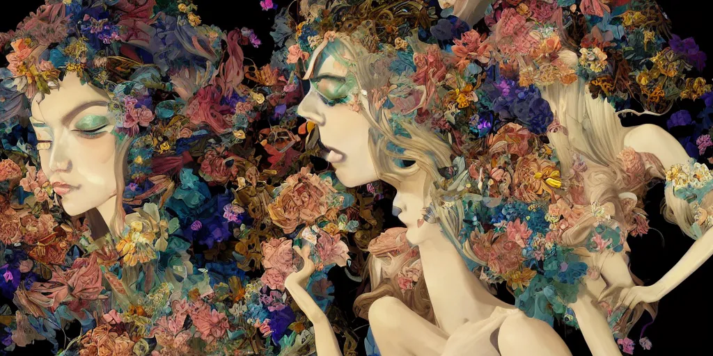 Image similar to breathtaking detailed concept art painting kaleidoscope art deco pattern of blonde faces goddesses amalmation flowers, by hsiao - ron cheng, bizarre compositions, exquisite detail, extremely moody lighting, 8 k