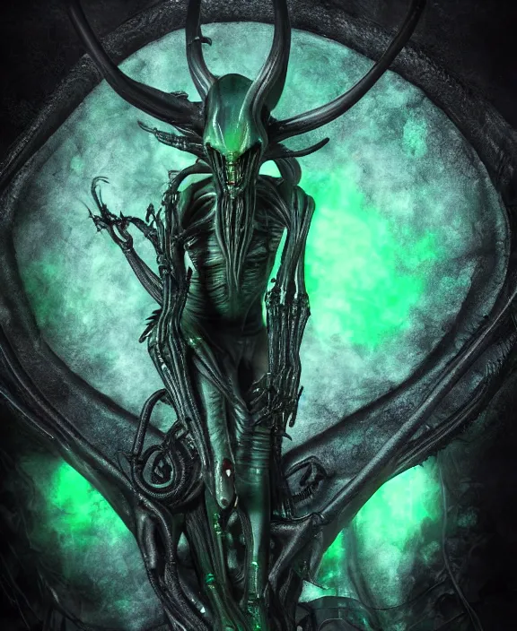 Prompt: xenomorph queen goth model hybrid, dragon eggs, dark emerald mist colors, giger background liminal void, cinematic lighting, realistic, award winning photograph, various refining methods, micro macro autofocus