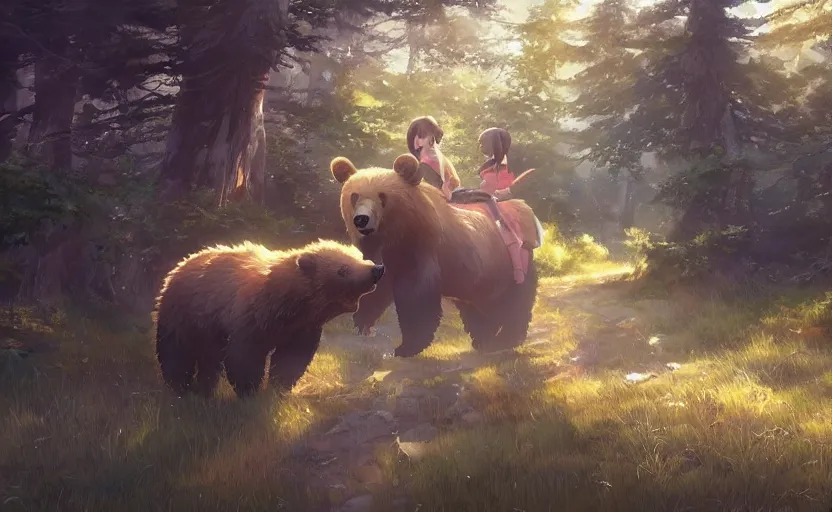 Image similar to anime scene of a girl riding a grizzly bear in the woods, full shot, atmospheric lighting, detailed faces, by makoto shinkai, stanley artgerm lau, wlop, rossdraws