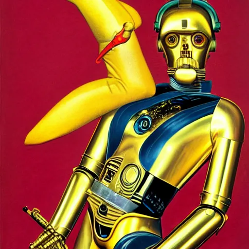 Prompt: a reclining half human c3po by Gil Elvgren, holding a smoking ray-gun, head, body, legs