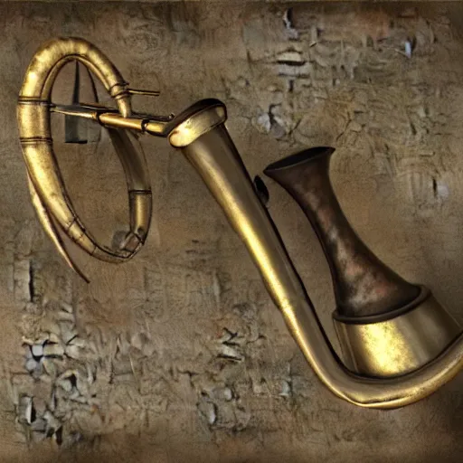 Image similar to a 3 d render of a medieval blowing horn, winding horn, animal horn, higly detailed, mystic, artwork