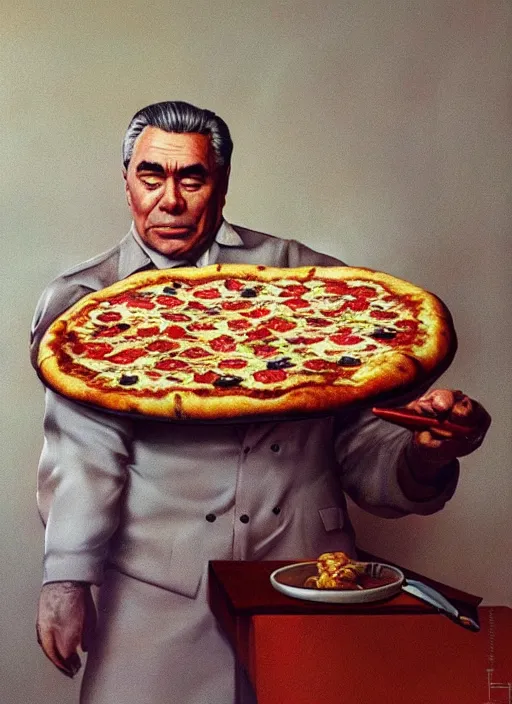 Prompt: brezhnev 7 0 years old, cooking pizza, portrait by greg hildebrandt, studio lighting, muted colors, by terry richardson, by frank frazetta, extreme detail, reflections, trending on artstation, 8 k