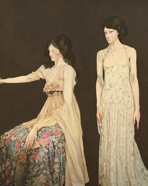 Image similar to a beautiful and eerie baroque painting of two women who are beautiful but creepy, wearing floral dresses, with haunted eyes and dark hair, 1 9 7 0 s, seventies, wallpaper, a little blood, morning light showing injuries, delicate embellishments, painterly, offset printing technique, by brom, robert henri, walter popp