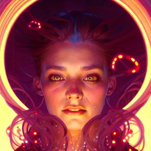 Prompt: Portrait of a polymorphic girl surrounded by glowing nodes, face, fantasy, intricate, elegant, highly detailed, digital painting, artstation, concept art, smooth, sharp focus, illustration, art by Jesper Ejsing and Fernanda Suarez and Artem Demura and alphonse mucha