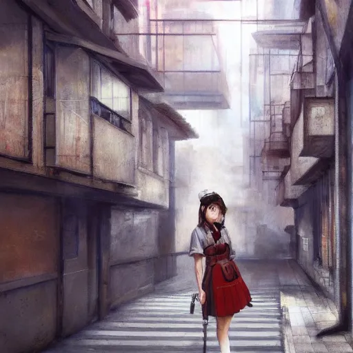 Image similar to a perfect, realistic professional socialist realism socrealist painting of a Japanese schoolgirl posing in a dystopian alleyway, style of Marvel, full length, by a professional Soviet senior artist on ArtStation, a high-quality concept