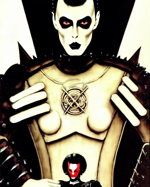 Image similar to portrait of a skinny punk goth klaus nomi wearing armor by simon bisley, john blance, frank frazetta, fantasy, thief rogue