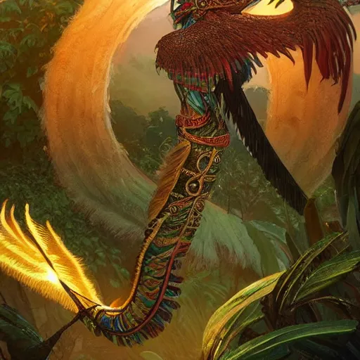 Image similar to quetzalcoatl glowing with magic, quetzal feathers,jungle landscape, D&D, fantasy, intricate, elegant, highly detailed, digital painting, artstation, concept art, matte, sharp focus, illustration, art by Artgerm and Greg Rutkowski and Alphonse Mucha