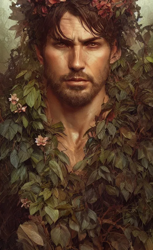 Image similar to god of the forest, 3 0 years old, rugged, handsome, male, detailed face, clean lines, atmospheric lighting, amazing, full body, flowers, muscular, intricate, highly detailed, digital painting, artstation, concept art, sharp focus, illustration, art by greg rutkowski and alphonse mucha